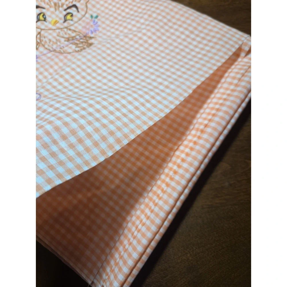 Owl Embroidered Gingham Peach Orange Table Cloth Cover 44